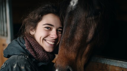 Young woman smiles warmly while embracing a horse in a cozy stable, showcasing a bond between human and animal.