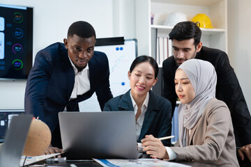 team of multiethnic colleague discuss budget performance planning, sharing idea for cost reduction, business people man woman diverse employee coworker in formal suit meeting in finance office