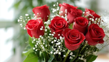 Obraz premium The arrangement of red roses with greenery boasts detailed textures on both the petals and the leaves, embodying elegance and vibrancy