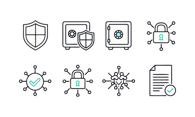 Cybersecurity and Data Protection Line Icons – Shield, Virus and Secure Network Vector Set