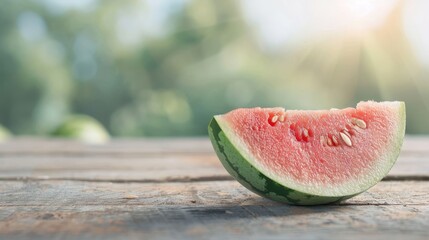 Vibrant watermelon slice with seeds on a rustic wooden picnic table, under a sunny sky, showcasing freshness.