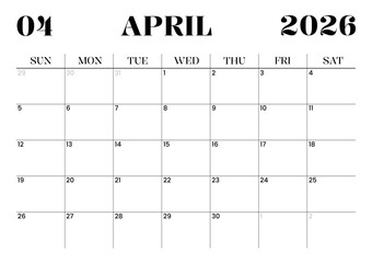 Printable Monthly Calendar Template for April 2026. Minimalist Style Calendar in Landscape Format. Week Starts on Sunday. Monthly Calendar Planner for 2026 year.