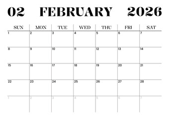 Printable Monthly Calendar Template for February 2026. Minimalist Style Calendar in Landscape Format. Week Starts on Sunday. Monthly Calendar Planner for 2026 year.