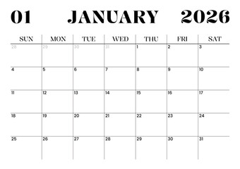 Printable Monthly Calendar Template for January 2026. Minimalist Style Calendar in Landscape Format. Week Starts on Sunday. Monthly Calendar Planner for 2026 year.