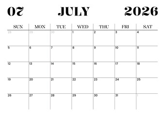 Printable Monthly Calendar Template for July 2026. Minimalist Style Calendar in Landscape Format. Week Starts on Sunday. Monthly Calendar Planner for 2026 year.