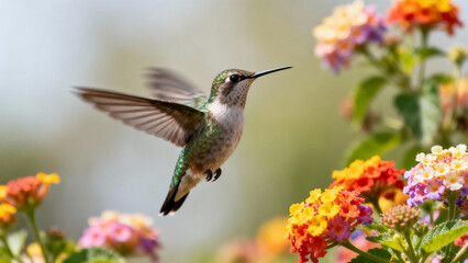 Obraz premium Hummingbird hovering among colorful flowers with motion blur wings. gardening catalogs, home-decor guides, designed for home decor and floral branding, enhances decor appeal. 