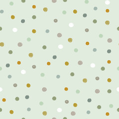 Pastel polka dots on gray background, seamless pattern. Vector ilusatration with colorful hand drawn dots.