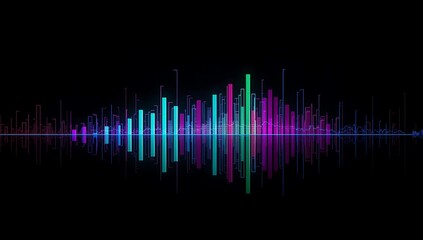 Vibrant neon sound waveform reflected on dark surface