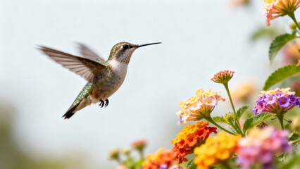 Fototapeta premium Hummingbird hovering among colorful flowers with motion blur wings. gardening catalogs, home-decor guides, designed for home decor and floral branding, enhances decor appeal. 
