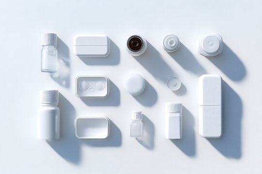 Multiple Eye Care Products Like Eye Drop Bottles, Contact Lens Cases, And Cleaning Solutions Placed Neatly On A White Background With Soft Shadows. The Arrangement I