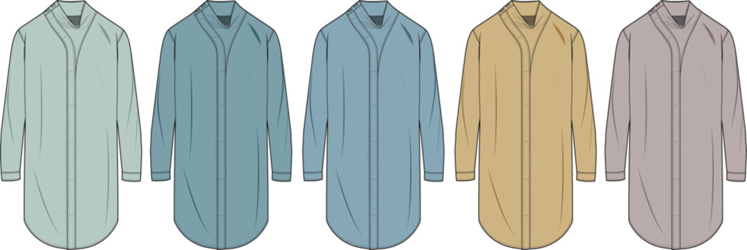 A collection of stylish long-sleeved shirts in various muted pastel colors, showcasing classic collar designs