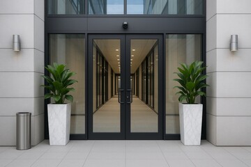 Obraz premium Modern glass building entrance with potted plants and sleek design elements in a clean, symmetrical architectural exterior concept layout scene. Ai generative