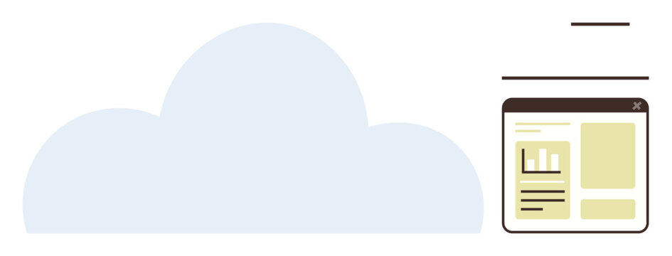 Large cloud shape beside a minimalist browser window displaying data charts and text. Ideal for technology, data storage, online collaboration, software, analytics, IT solutions, modern innovation