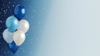 Bunch of blue and white balloons with confetti on a gradient background