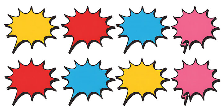 A collection of colorful starburst speech bubble shapes isolated on white background