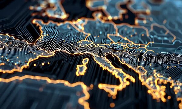 Abstract digital map of europe with glowing circuit board lines and nodes representing connections and data flow across the continent - Powered by Adobe