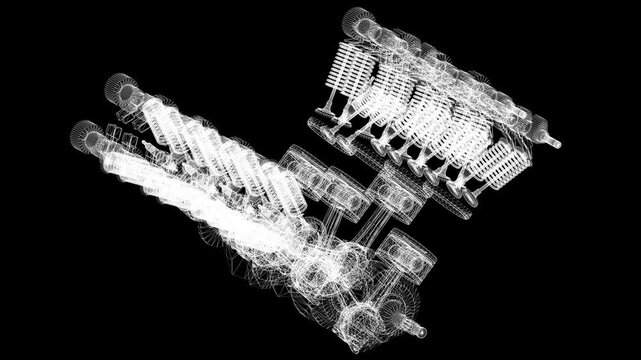 Mechanical Engine Wireframe, Technical Blueprint, 3D CAD Project, Industrial Machinery Design, Engineering Concept Animation