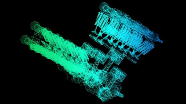 Mechanical Engine Wireframe, Technical Blueprint, 3D CAD Project, Industrial Machinery Design, Engineering Concept Animation