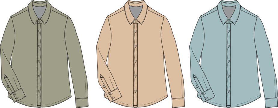 Versatile long-sleeve button-up shirts in a muted color palette, showcasing apparel design concepts for men's and women's contemporary fashion