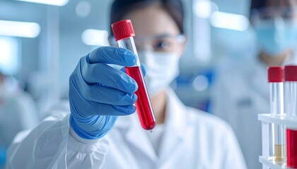 Female scientist in blue gloves examines a blood sample in a test tube in a modern laboratory.