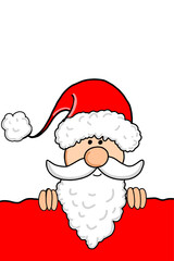 a cute cartoon santa claus peeking over a red surface against a transparent background. Vector illustration.