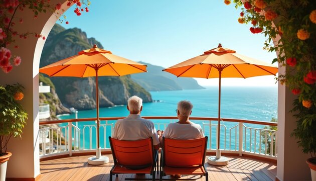 Elderly couple enjoys scenic ocean view from luxury cruise ship deck. They relax under orange umbrellas, gazing at mountains and blue sea. Couple enjoys a peaceful vacation trip together.