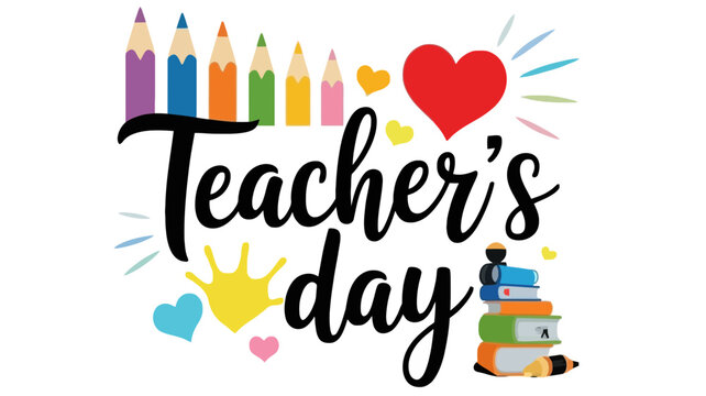 Happy teachers day celebration with colorful pencils books and heart