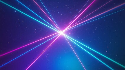 Abstract neon laser light beams crossing in dark space with stars