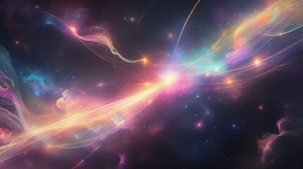 Fototapeta premium Cosmic Symphony: An ethereal painting depicts the mysteries of space, where vibrant nebulas intertwine with celestial bodies in a dance of light and color. 
