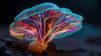Glowing bioluminescent mushroom with neon veins, futuristic mushroom organism illuminated in dark forest, macro shot