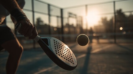 Sunset tennis player prepares to hit a ball on an outdoor court near the city