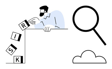 Man balancing blocks spelling risk, magnifying glass and cloud highlighting hazard control, search, and strategy. Ideal for risk management, caution, analysis, problem-solving, decision-making