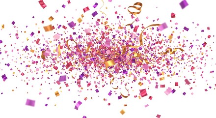 A vibrant burst of colorful confetti and streamers exploding against a white backdrop