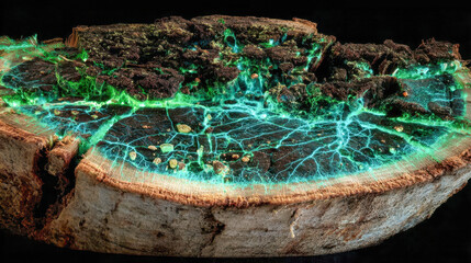 Bioluminescent mycelial network in a tree cross-section, glowing fungal roots and electric veins under the bark