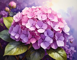 A vibrant watercolor illustration of a blooming hydrangea