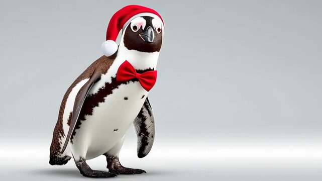 Animated penguin wearing a festive Santa hat and red bowtie, playfully waddling across a smooth surface, showcasing joyful holiday spirit, camera follows the penguin's movement with a gentle pan