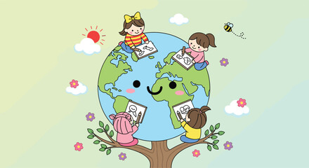 Children drawing smiling Earth on globe tree with flowers, sun, clouds, and bee in cheerful environmental cartoon illustration