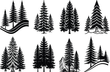 Obraz premium Christmas trees set vector illustration for winter holiday design with snow and pine forest nature scene