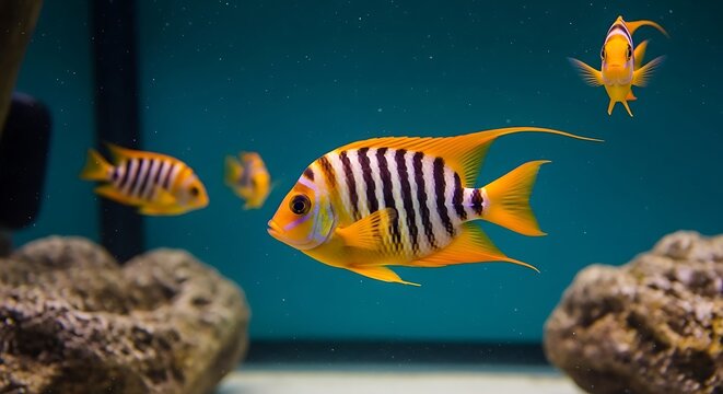 Aquarium Scene with Spiny Etroplus Fish and Clownfish Underwater View with Aquatic Animals and Tropical Fish in Blue Tank Water