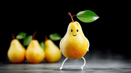 Playful animated pear character dances joyfully on a smooth surface, surrounded by other pears, showcasing a lively scene with a gradual zoom in, enhancing the whimsical atmosphere of the moment - Powered by Adobe