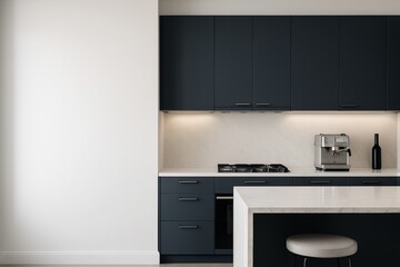 Fototapeta premium Modern minimalist kitchen interior with dark cabinetry, marble countertops, and neutral lighting in a sleek design concept on a soft background wall. Ai generative