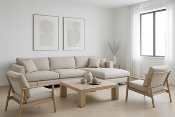 Fototapeta premium Minimalist living room with beige furniture and wooden decor in a cozy Scandinavian-inspired interior design concept with natural lighting and soft tones. Ai generative