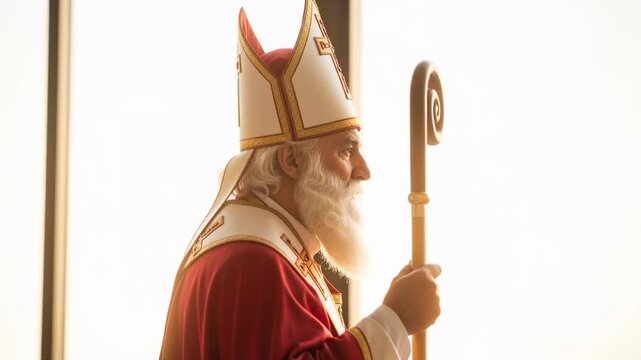 Profile portrait of a traditional Saint Nicholas figure. A bishop in a red robe and mitre holding a crosier. Backlit scene with bright copy space