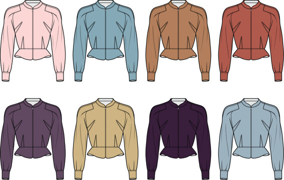 Set of women's long-sleeve bomber jackets with peplum waist in multiple colors. Fashion technical flat sketch vector illustration template