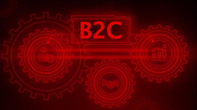 Red B2 C Business Concept with Gears and Icons Representing Finance, Partnership, and Growth business to consumer
