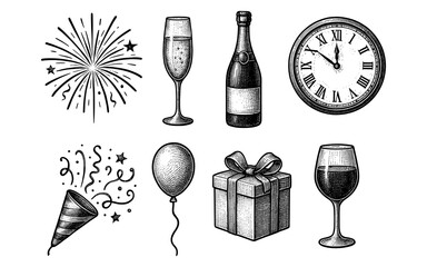 Obraz premium Vintage celebration elements: clock, fireworks, champagne, and gifts