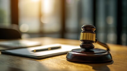 Concept of justice and law Real estate law in court with a gavel using a tablet on a sunlit table
