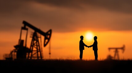 Obraz premium Business deal in oil illustrated by a handshake between a worker and a businessman with an oil pump in the background