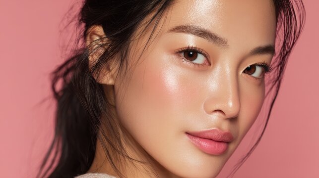 Intimate portrait of a stunning young Asian woman showcasing K beauty makeup and flawless skin highlighting facial care for advertising