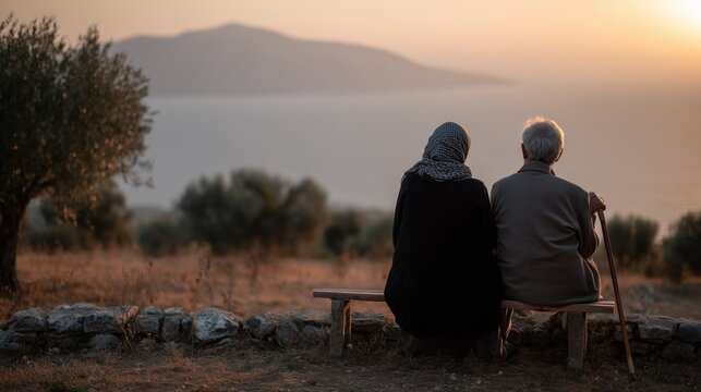 An elderly couple sits on a bench, overlooking a tranquil ocean view at sunset, symbolizing companionship and reflection. - Powered by Adobe